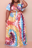 Casual Print Bandage Split Joint V Neck Pleated Plus Size Two Pieces