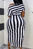 Fashion Casual Striped Print Asymmetrical Oblique Collar Short Sleeve Dress Plus Size Dresses