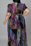 Fashion Casual Patchwork Print See-through O Neck Plus Size Tops
