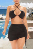 Fashion Sexy Solid Hollowed Out Backless Swimwears Set