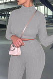 Casual Solid Bandage Split Joint Backless Turtleneck Long Sleeve Two Pieces