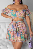 Sexy Print Split Joint Off the Shoulder Short Sleeve Two Pieces