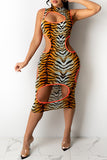 Fashion Sexy Print Leopard Hollowed Out Half A Turtleneck Sleeveless Dress