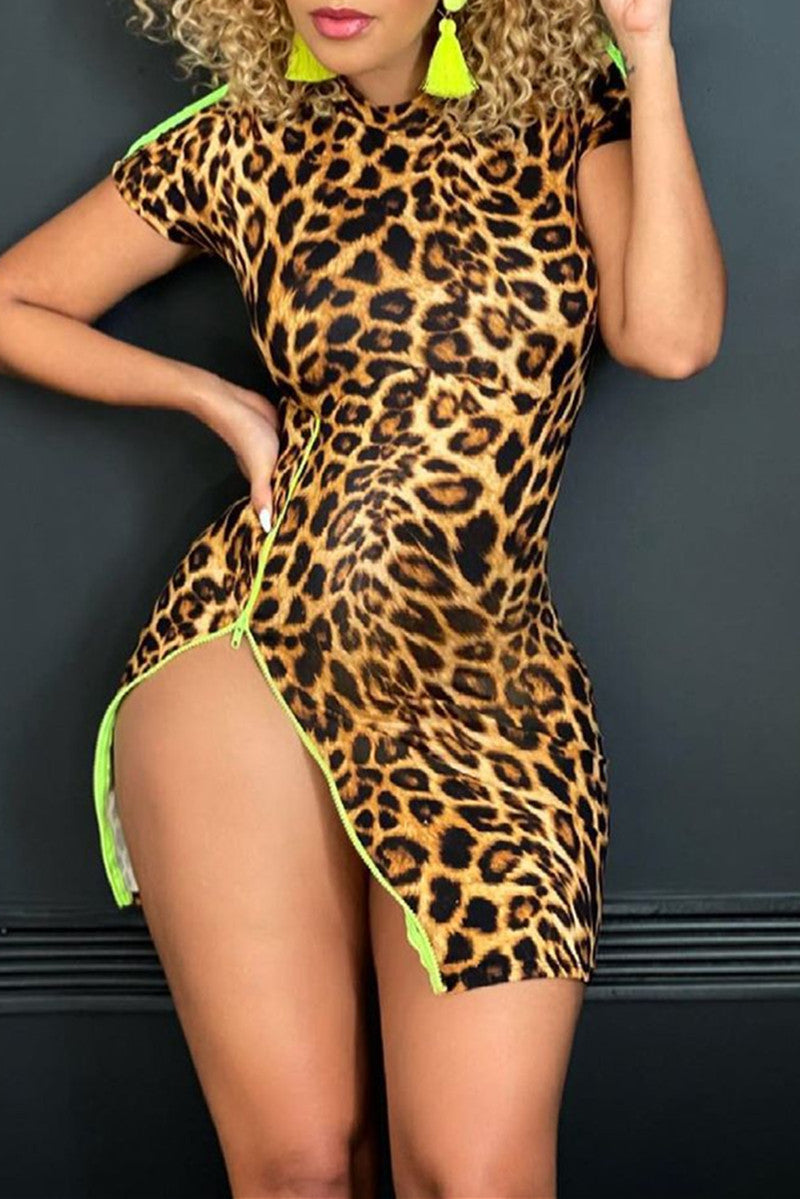 Fashion Sexy Print Leopard Slit O Neck Short Sleeve Dress
