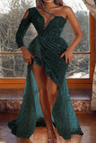 Elegant Solid Hollowed Out High Opening Fold Rhinestone Oblique Collar Irregular Dress Dresses