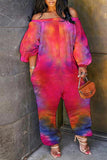 Fashion Casual Tie Dye Printing Off the Shoulder Regular Jumpsuits