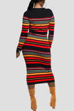 Fashion Casual Multicolor Striped Print Red Dress