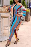Fashion Casual Striped Print Basic O Neck Half Sleeve Two Pieces