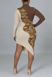 Fashion Casual Patchwork Print Leopard Asymmetrical Turtleneck Long Sleeve Dresses