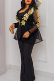 Fashion Casual Figure Gradual Change Patchwork Sequins See-through Turndown Collar Plus Size Three-piece Set
