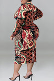 Casual Print Patchwork Buckle Turndown Collar One Step Skirt Plus Size Dresses