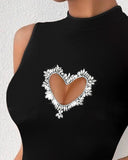Rhinestone Hollow Heart Pattern Sleeveless Bodysuit