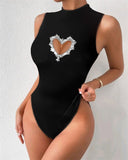 Rhinestone Hollow Heart Pattern Sleeveless Bodysuit