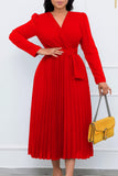 Casual Solid Frenulum Pleated V Neck Long Sleeve Dresses