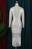 Casual Formal Patchwork Tassel Sequins V Neck Long Sleeve Plus Size Dresses