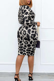 Sexy Print Leopard Split Joint O Neck One Step Skirt Plus Size Dresses