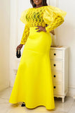 Elegant Solid Patchwork See-through O Neck Evening Dress Plus Size Dresses