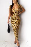 adult Sexy Fashion Cap Sleeve Short Sleeves Square Step Skirt Ankle-Length Leopard Patchwo