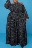 Fashion Casual Print Hollowed Out Oblique Collar Long Sleeve Plus Size Dresses