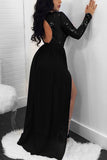 Sexy Backless Sequined Lace Slit Black Dress