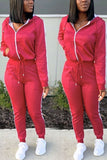 Casual Print Zipper Hooded Red Two Piece Suit