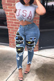 Fashion Street Patchwork Ripped Plus Size Jeans