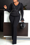 Casual Daily Elegant Patchwork V Neck Long Sleeve Two Pieces