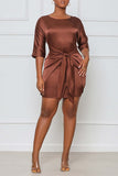 Casual Solid Bandage Split Joint O Neck One Step Skirt Plus Size Dresses