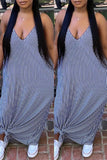 Fashion Sexy Striped Print Backless Spaghetti Strap Sleeveless Dress