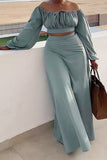 Casual Vacation Solid Slit Fold Off the Shoulder Long Sleeve Two Pieces