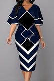 Elegant Geometric Print Split Joint V Neck Pencil Skirt Dresses
