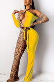 Sexy Open Chest Leopard Patchwork Yellow Jumpsuits