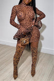 Fashion Sexy Mesh Print Leopard Flare Sleeve Dress
