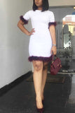 Fashion Plush Stitching Short Sleeve White Slim Dress