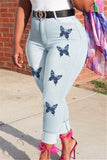Fashion Casual Butterfly Print Basic Mid Waist Skinny Jeans (Without Belt)