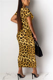 adult Sexy Fashion Cap Sleeve Short Sleeves Square Step Skirt Ankle-Length Leopard Patchwo