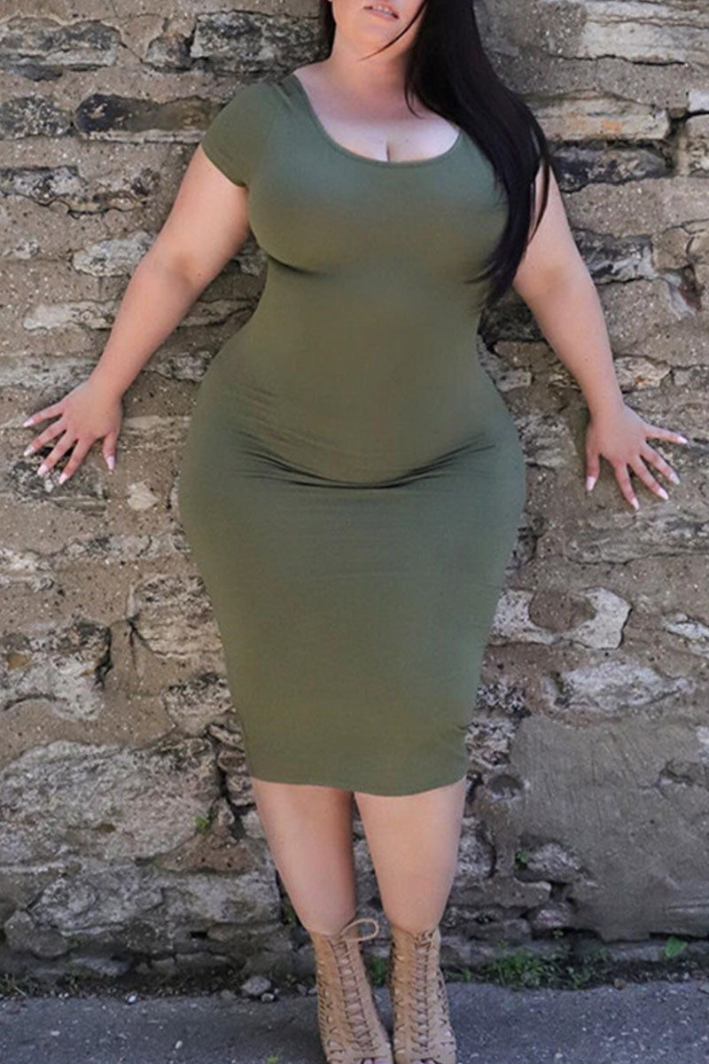 Casual Solid Split Joint O Neck Pencil Skirt Plus Size Dresses