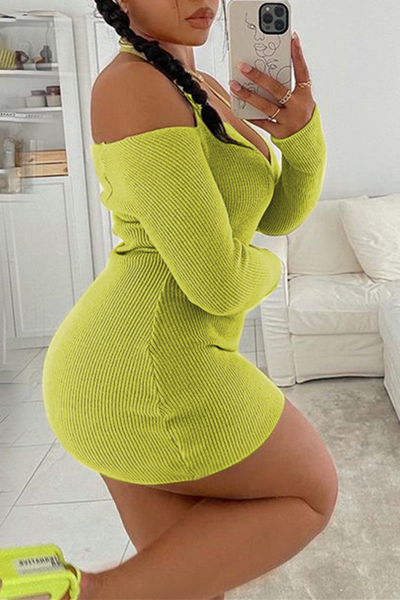 Fashion Sexy Solid Backless Halter Long Sleeve Dresses