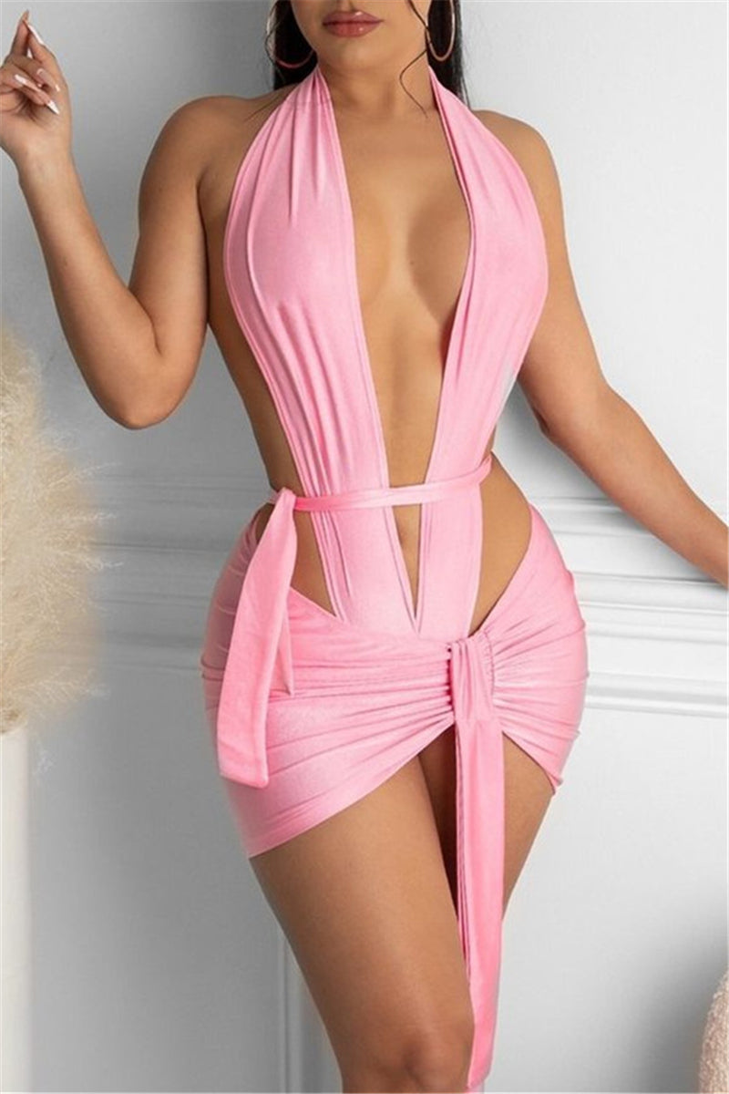 Fashion Sexy Solid Hollowed Out Backless V Neck Sleeveless Two Pieces