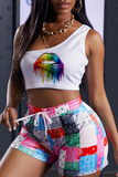 Casual Print Split Joint One Shoulder Sleeveless Two Pieces