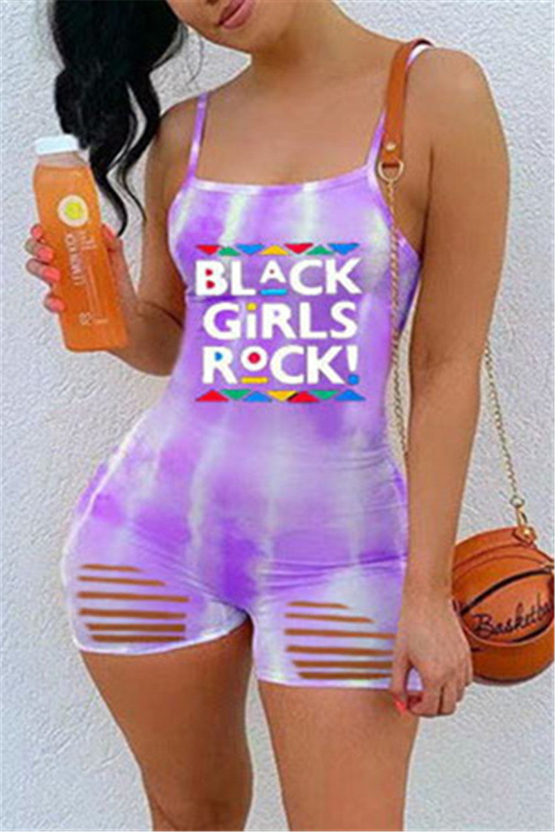 Fashion Sexy Letter Print Ripped Backless Spaghetti Strap Skinny Romper