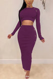 Fashion Sexy Long Sleeve Top Purple Skirt Set
