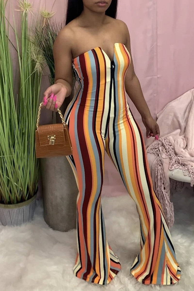 Sexy Casual Striped Print Backless Strapless Regular Jumpsuits