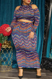 Fashion Casual Print Hollowed Out O Neck Plus Size Two Pieces