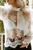 Elegant Solid Lace Embroidered With Bow Half A Turtleneck Tops