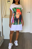 Cotton Casual Bat sleeve Short Sleeves O neck Step Skirt Knee-Length Print head portrait  Print Dres