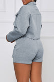 Casual Solid Split Joint Pocket Buckle Turndown Collar Long Sleeve Two Pieces
