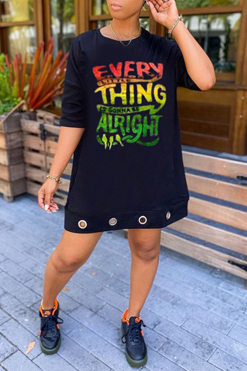 Fashion Casual Letter Print Hollowed Out O Neck T-shirt Dress