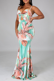 Sexy Print Hollowed Out Spaghetti Strap Trumpet Mermaid Dresses