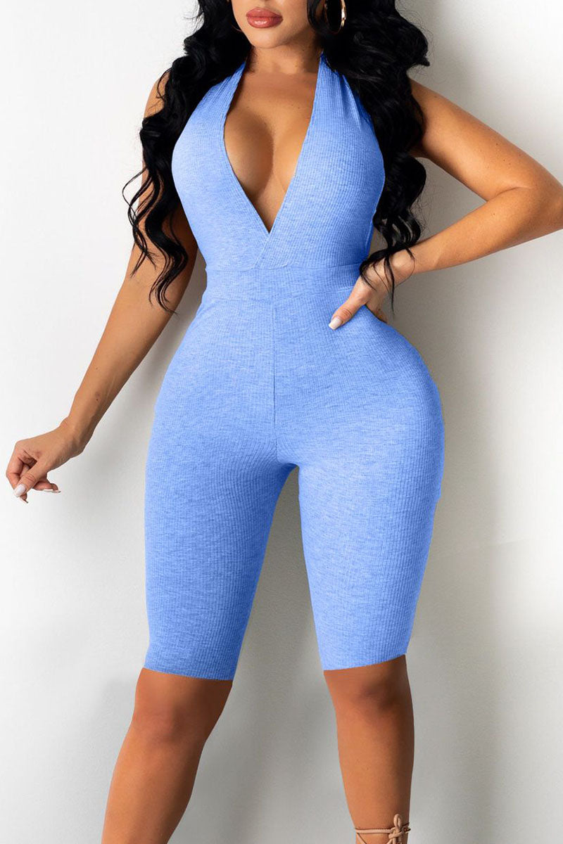 Sexy Solid Split Joint Halter Skinny Jumpsuits